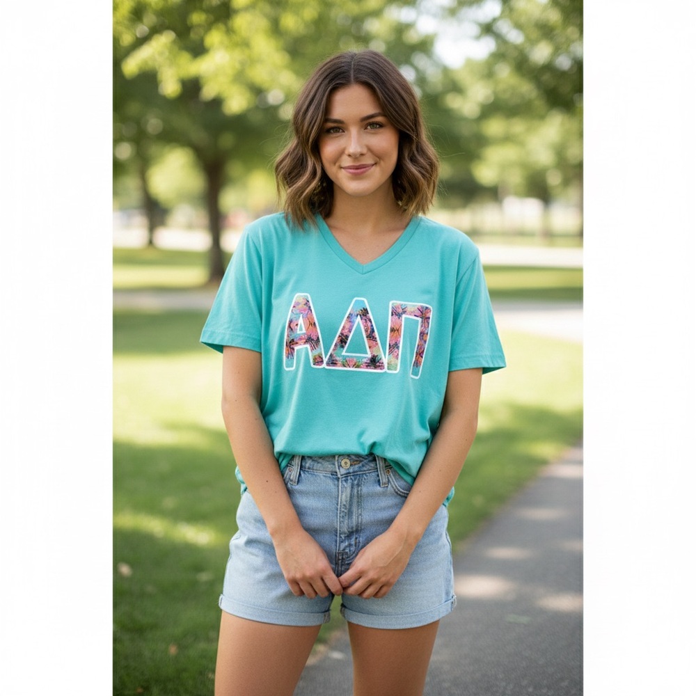 Alpha Delta Pi / ADPi V-Neck w/ Printed Floral Letters